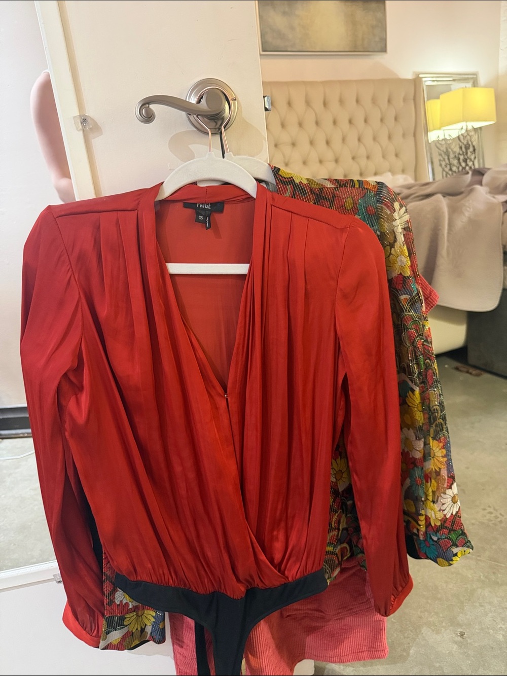 Paige Red Wrap-Style Long-Sleeve Blouse thong body suit